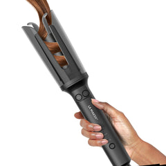 La Maesii automatic rotating curling iron front view for quick, uniform curls every time