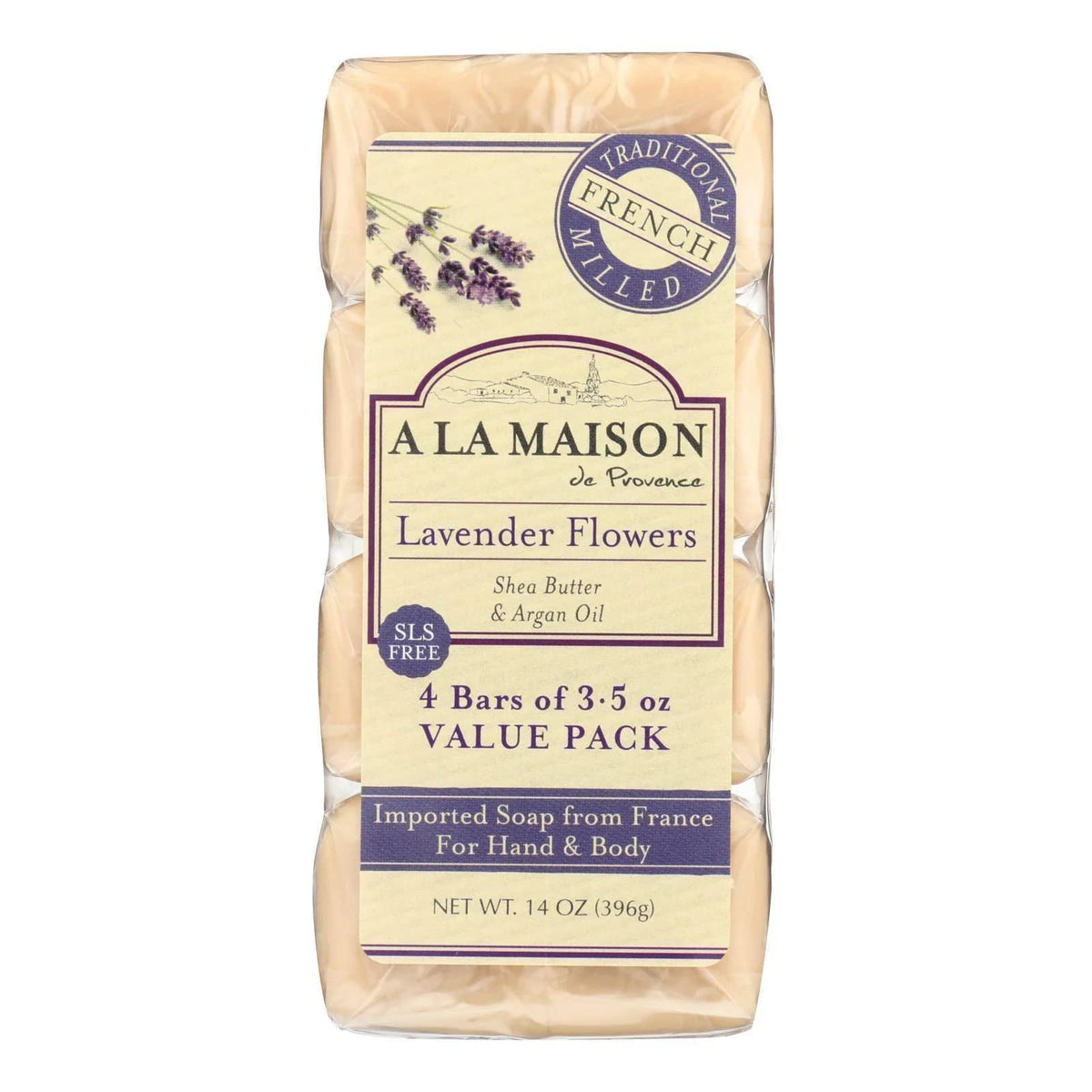 A LA MAISON lavender flower bar soap packaging showcases triple milled formula for gentle cleansing