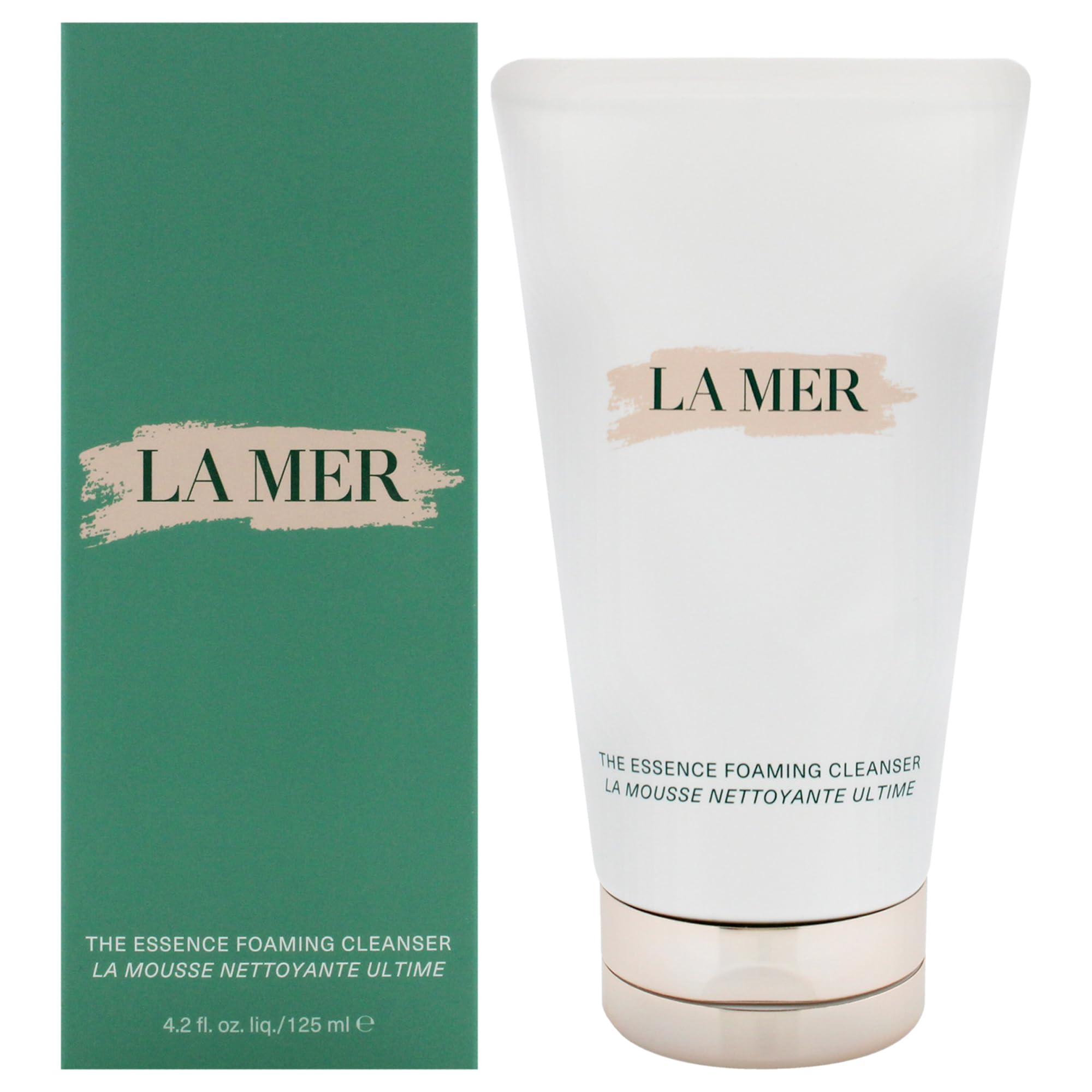 La Mer The Essence Foaming Cleanser bottle front shows rich foam for refreshed, soft skin.