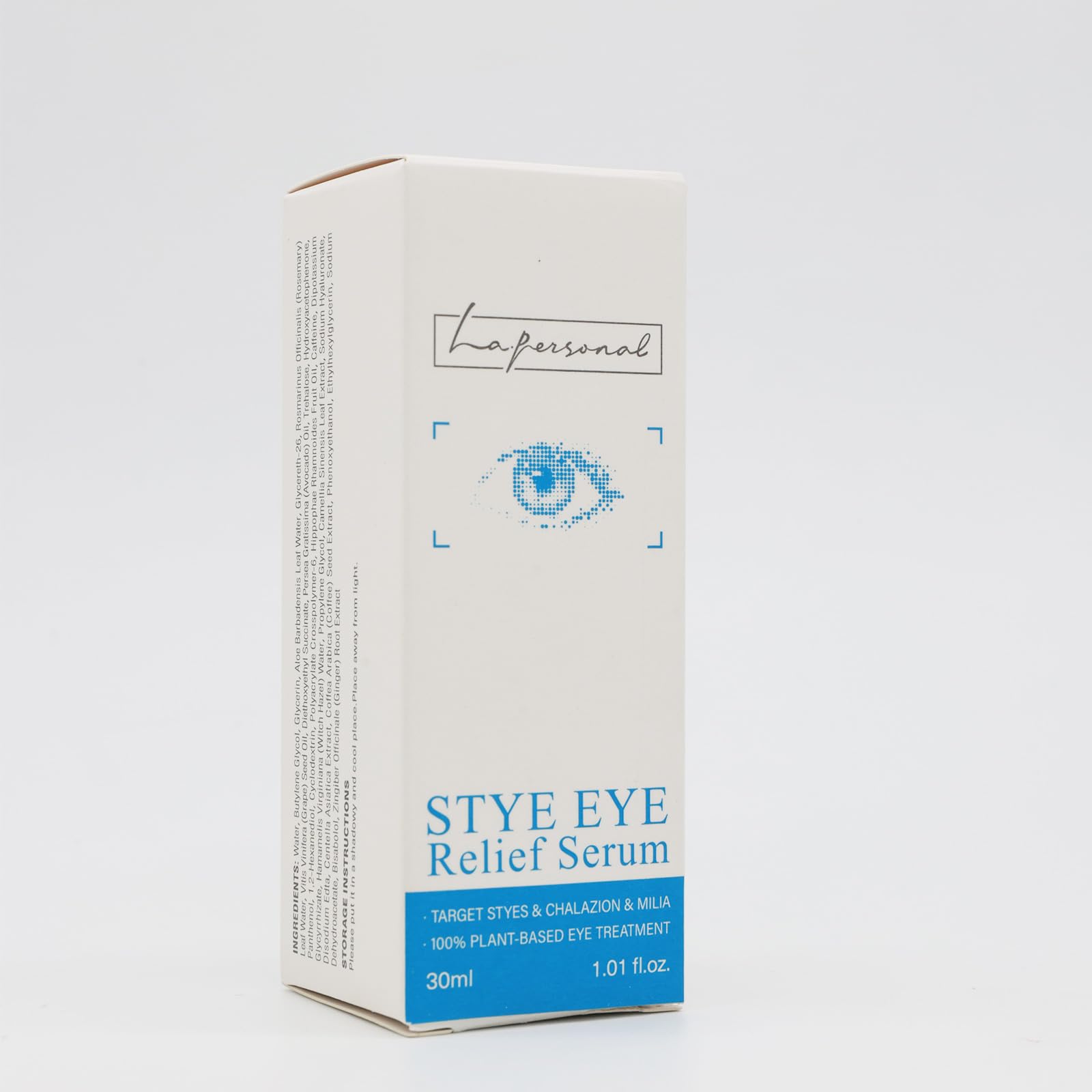 LA.PERSONAL caffeine eye serum botanicals image hints at soothing comfort around eyes.