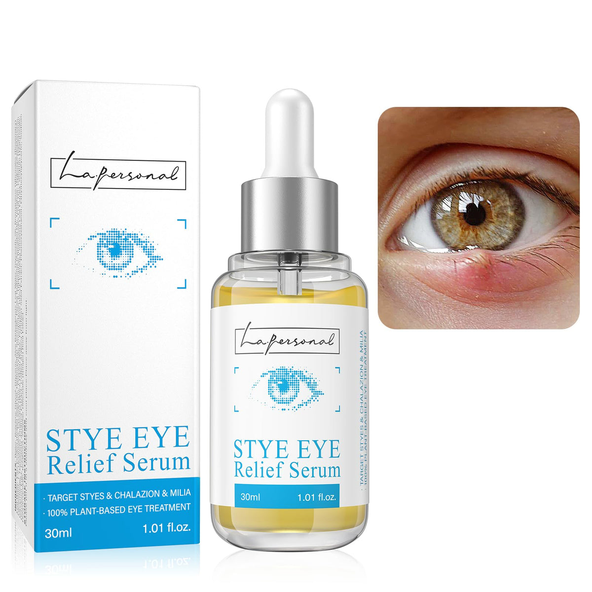 LA.PERSONAL caffeine eye serum dropper bottle enables easy application for gentle eyelid relief.
