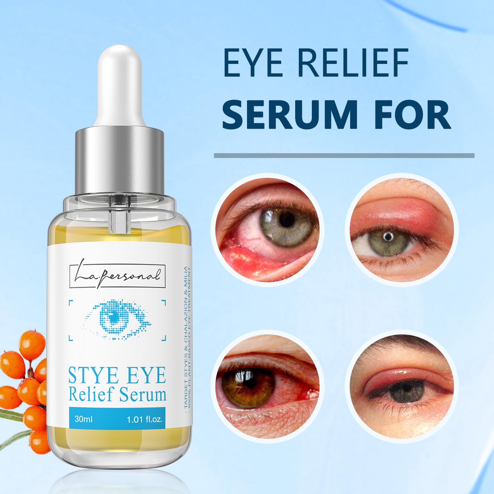 LA.PERSONAL eye-relief serum bottle cap closeup highlights fragrance-free, skin-friendly formula.
