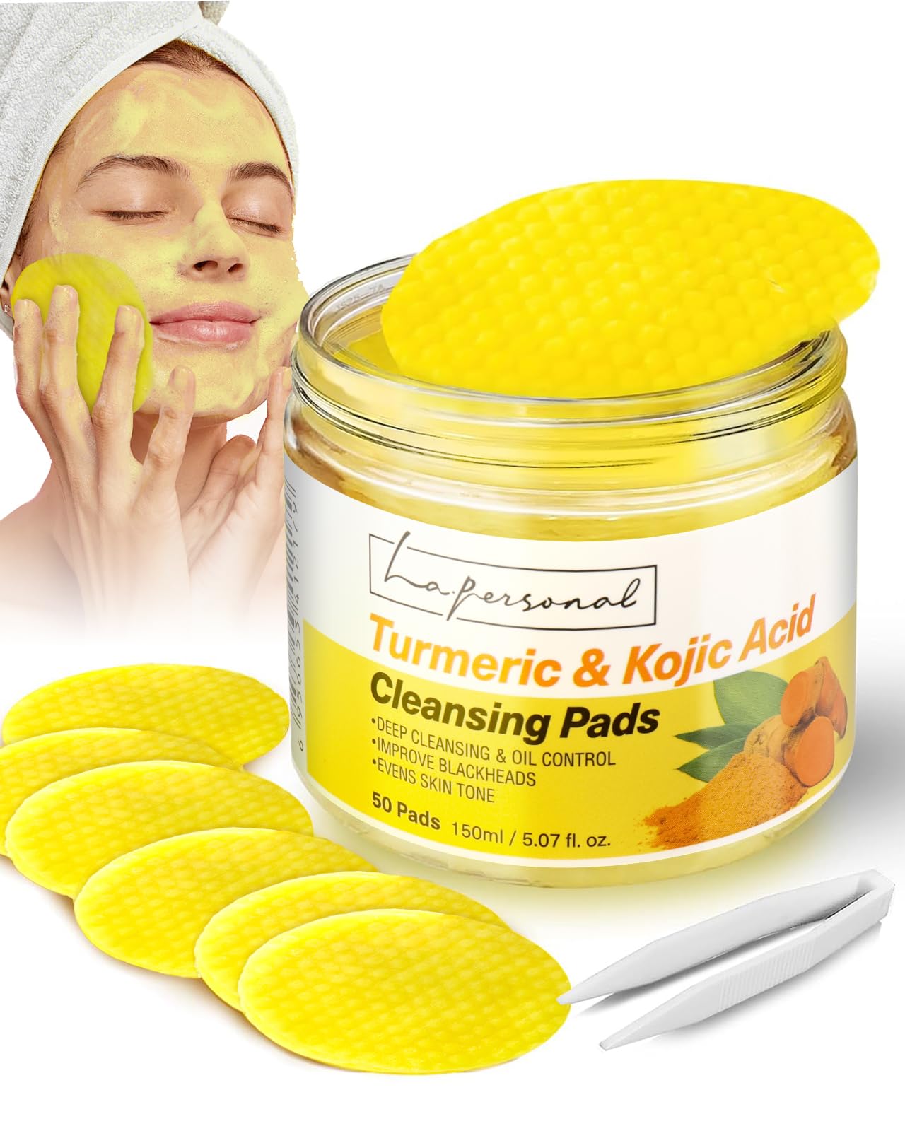 LA.PERSONAL turmeric kojic face pads packaging showcasing 50-count box for on-the-go cleansing.