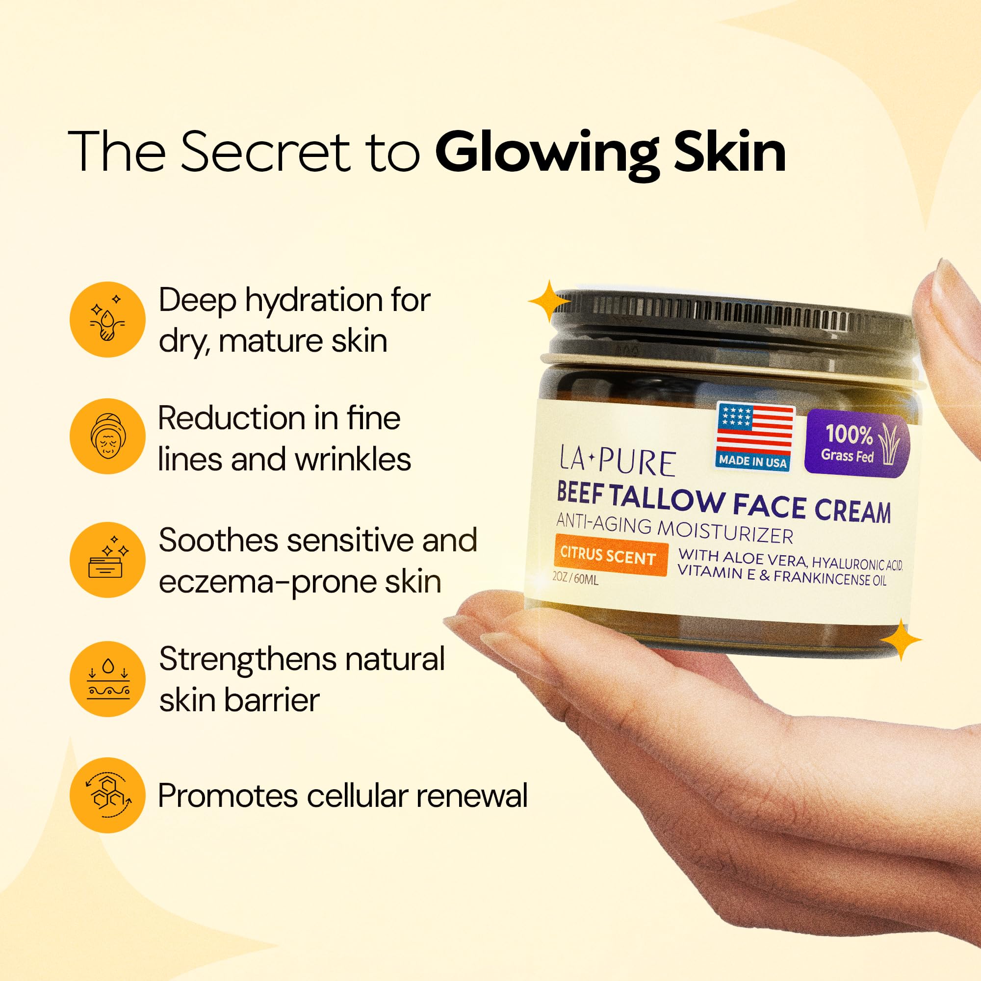 LA PURE grass-fed tallow ingredients closeup highlights clean, natural skincare.