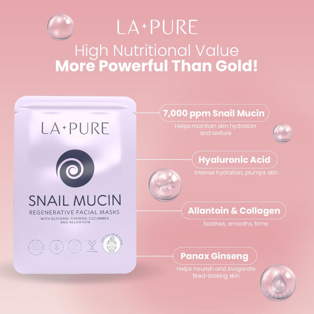 LA PURE Snail Mucin Mask before and after hints at radiant skin.