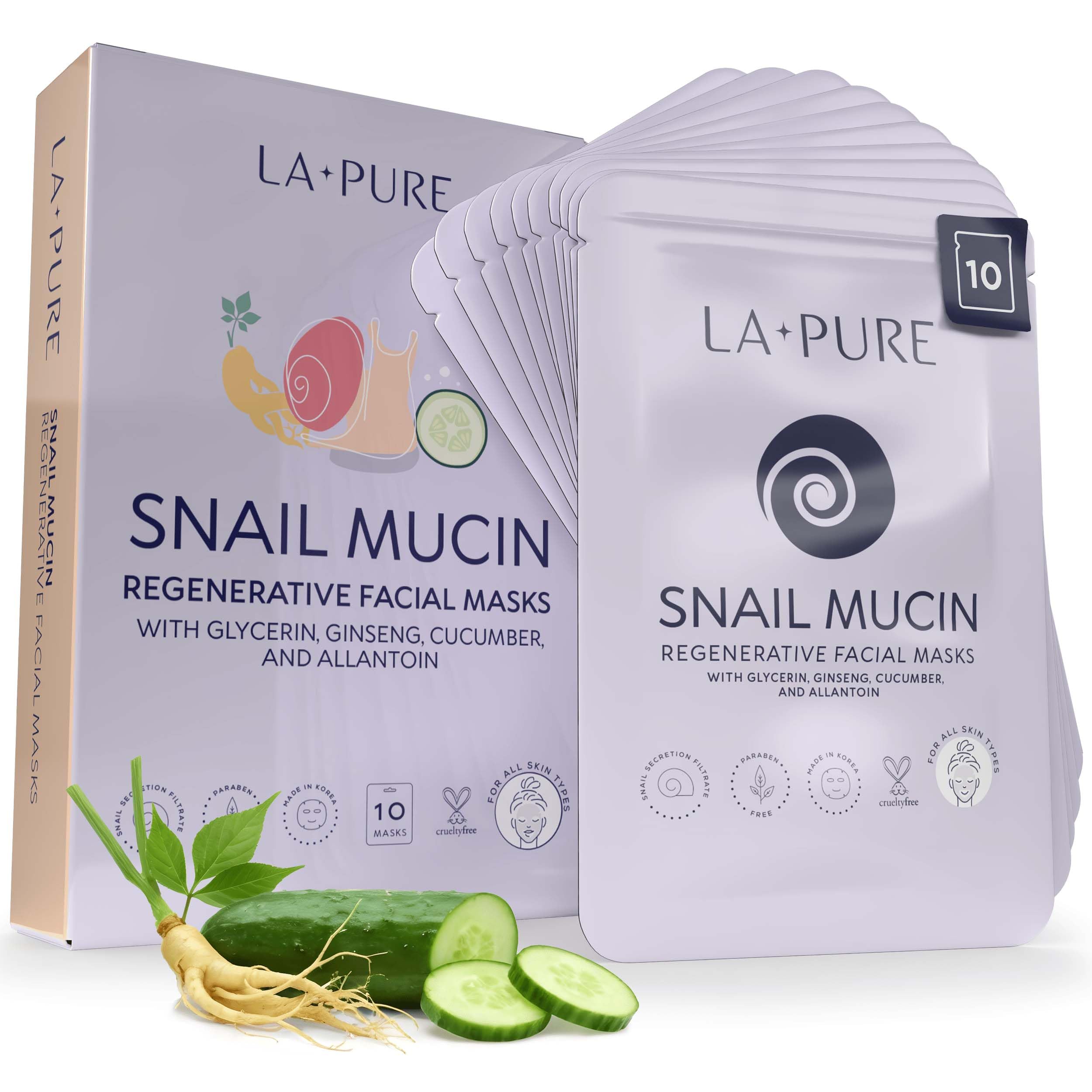 LA PURE Snail Mucin Mask pack cover signals a hydrating skincare routine.