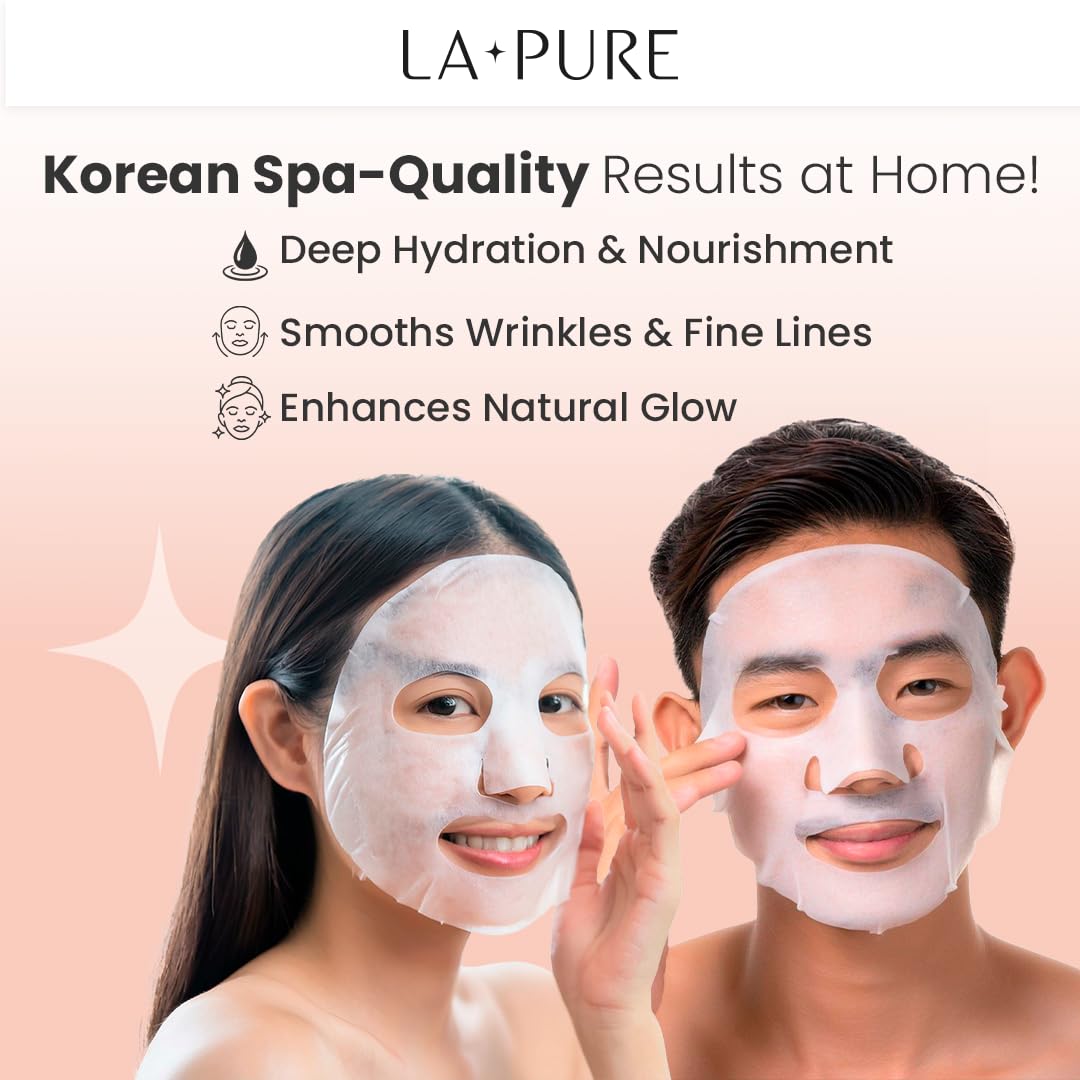 LA PURE Snail Mucin Mask ingredients bottle highlights hyaluronic acid and collagen.