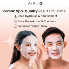 LA PURE Snail Mucin Mask ingredients bottle highlights hyaluronic acid and collagen.