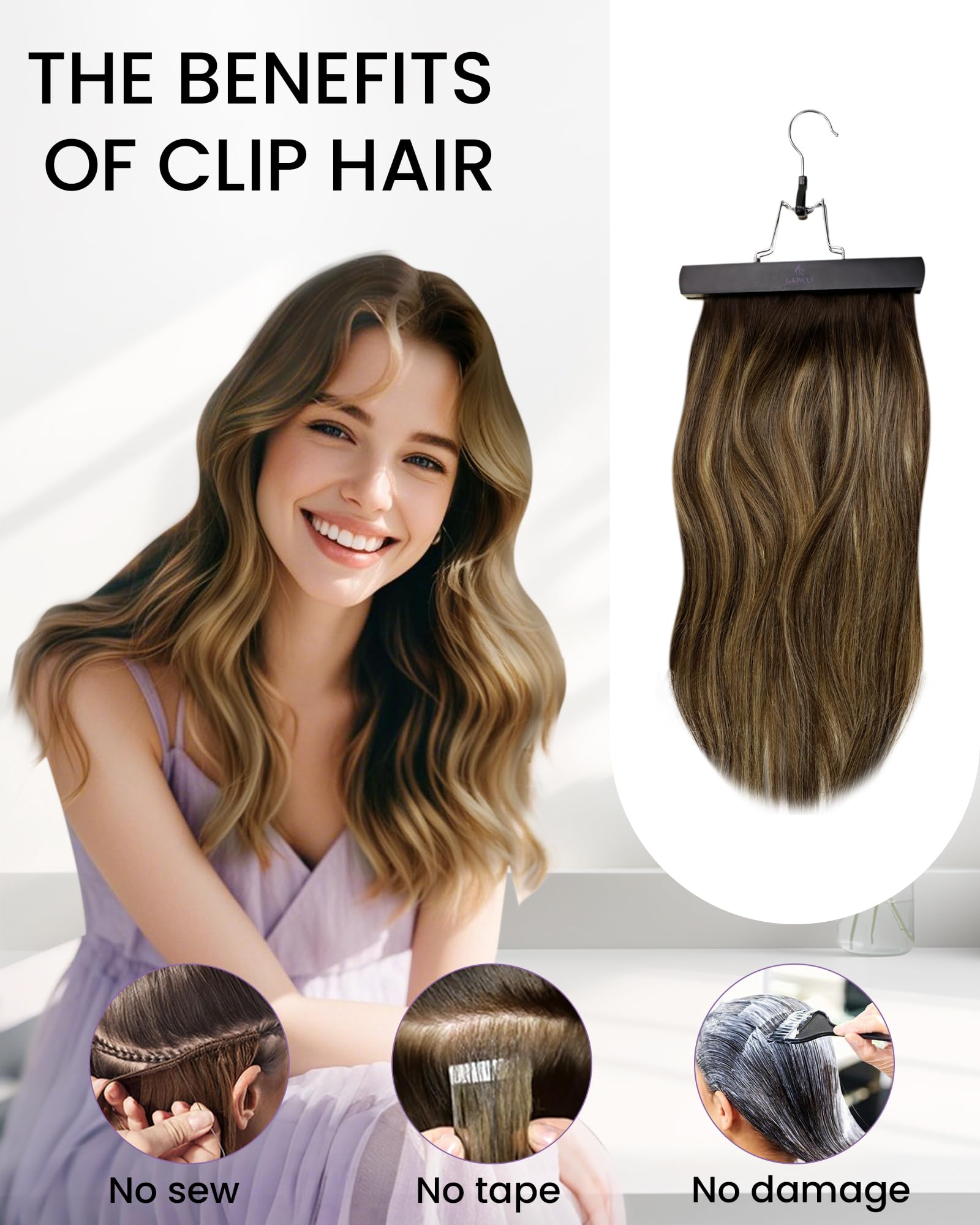 LaaVoo 18-inch clip-in extensions worn on model for added length and volume