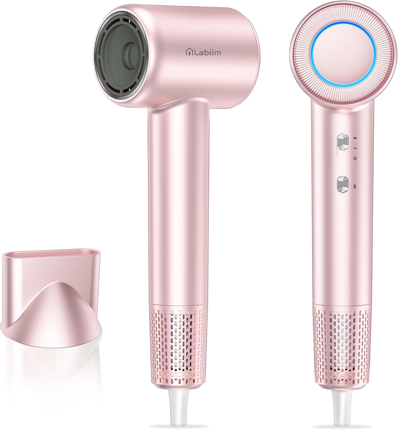 Labiim hair dryer front view shows compact design ideal for home or travel styling.