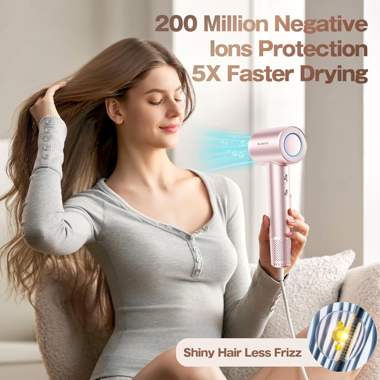 Labiim hair dryer ionic technology releases millions of negative ions to reduce frizz.