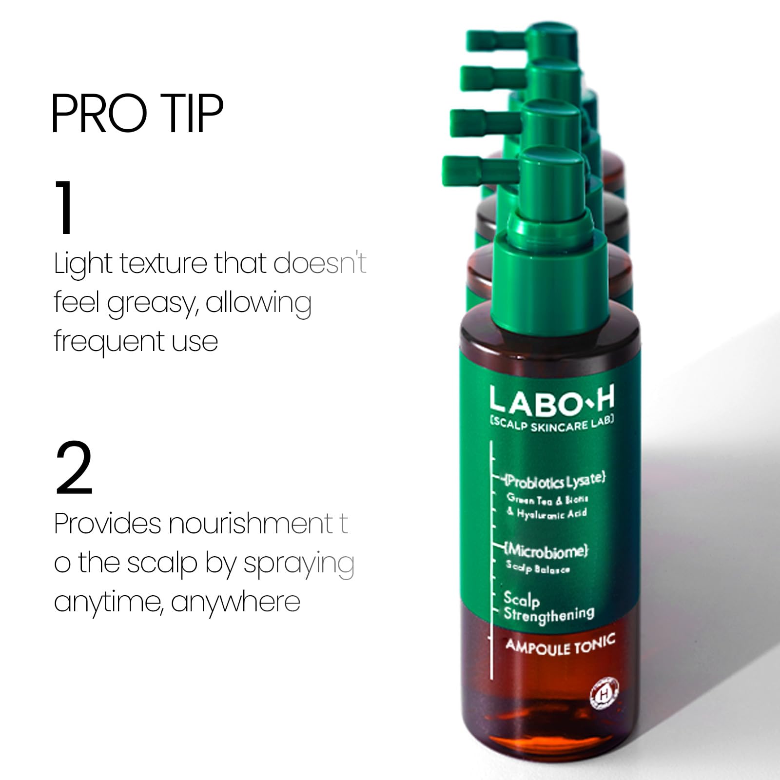 LABO-H hyaluronic-acid layers illustrate deep scalp hydration.