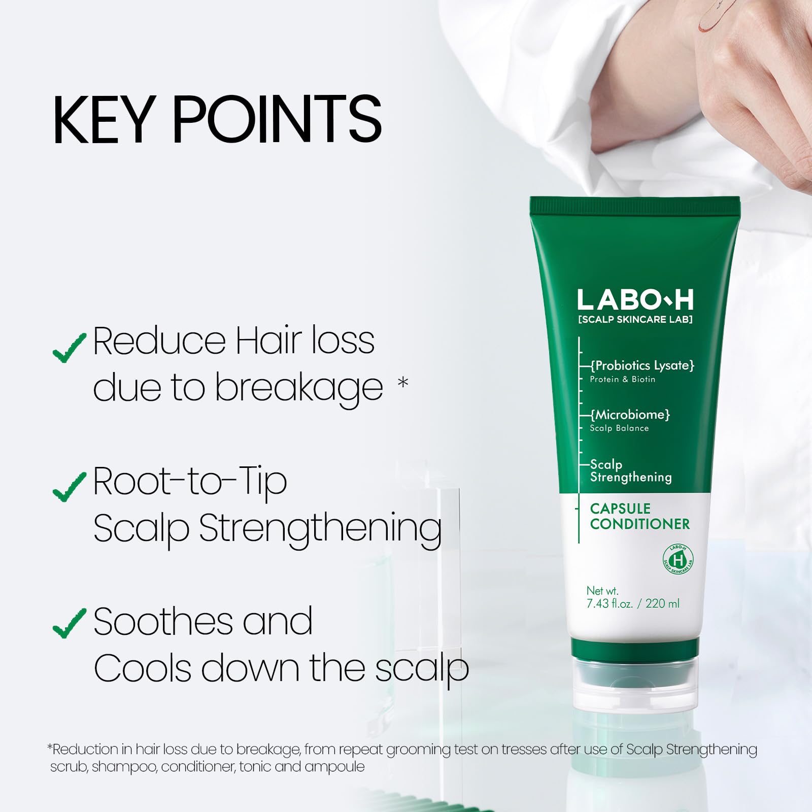 LABO-H probiotic scalp microbiome close-up highlighting stronger roots.