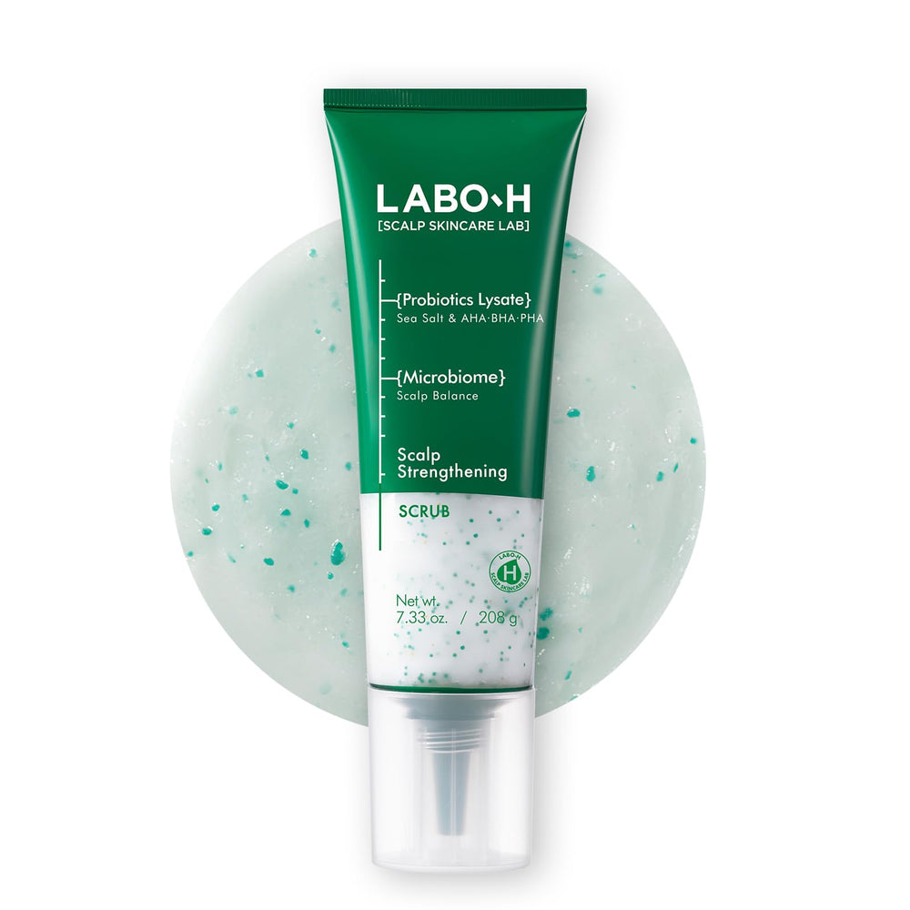 LABO-H Scalp Strengthening Scrub packaging highlights vegan formula for a healthier scalp.