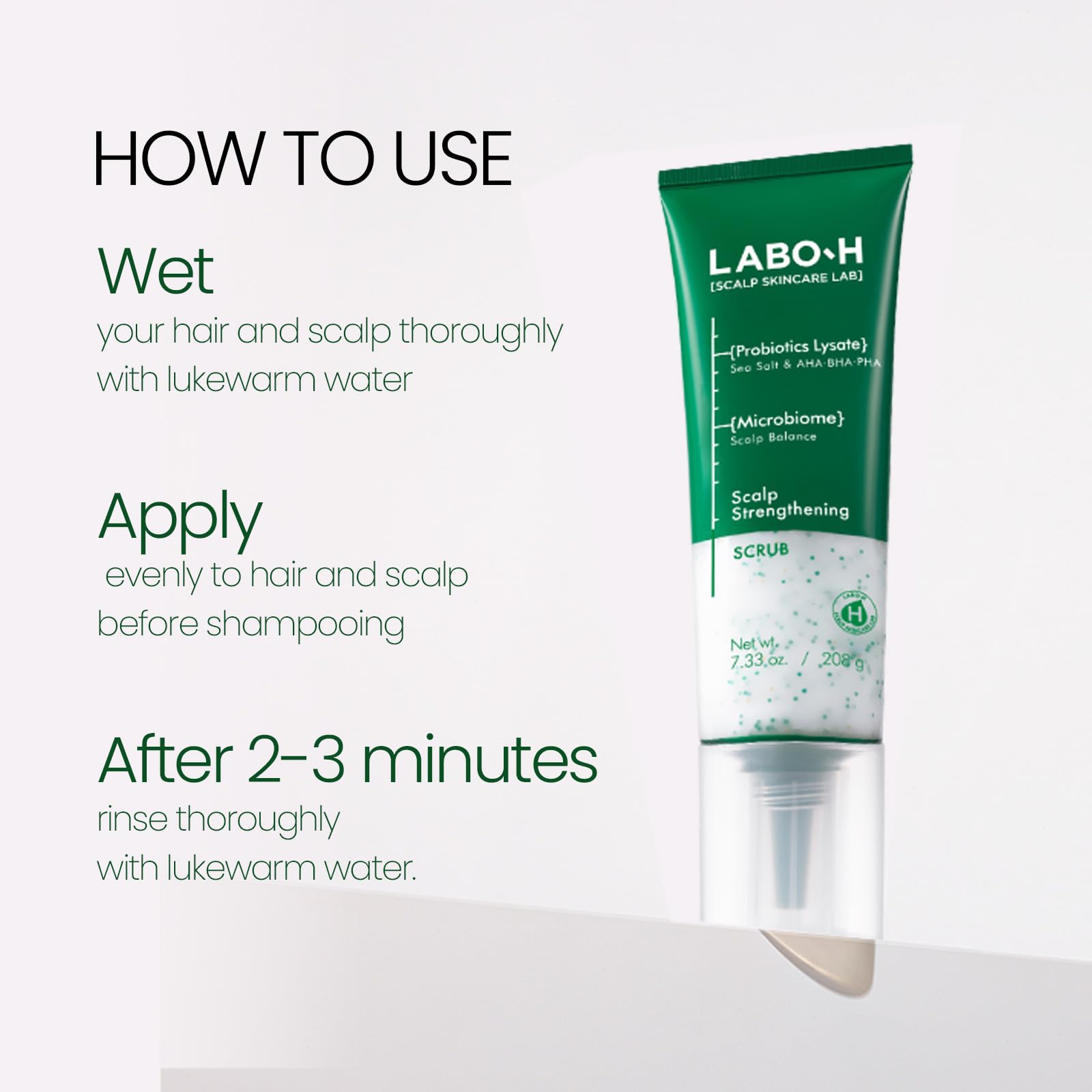 LABO-H formula highlights green tea capsules and vitamin E soothing the scalp during use.