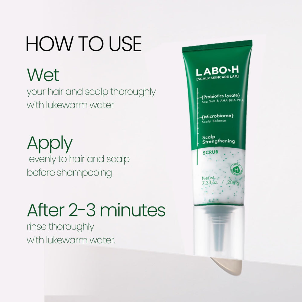 LABO-H formula highlights green tea capsules and vitamin E soothing the scalp during use.