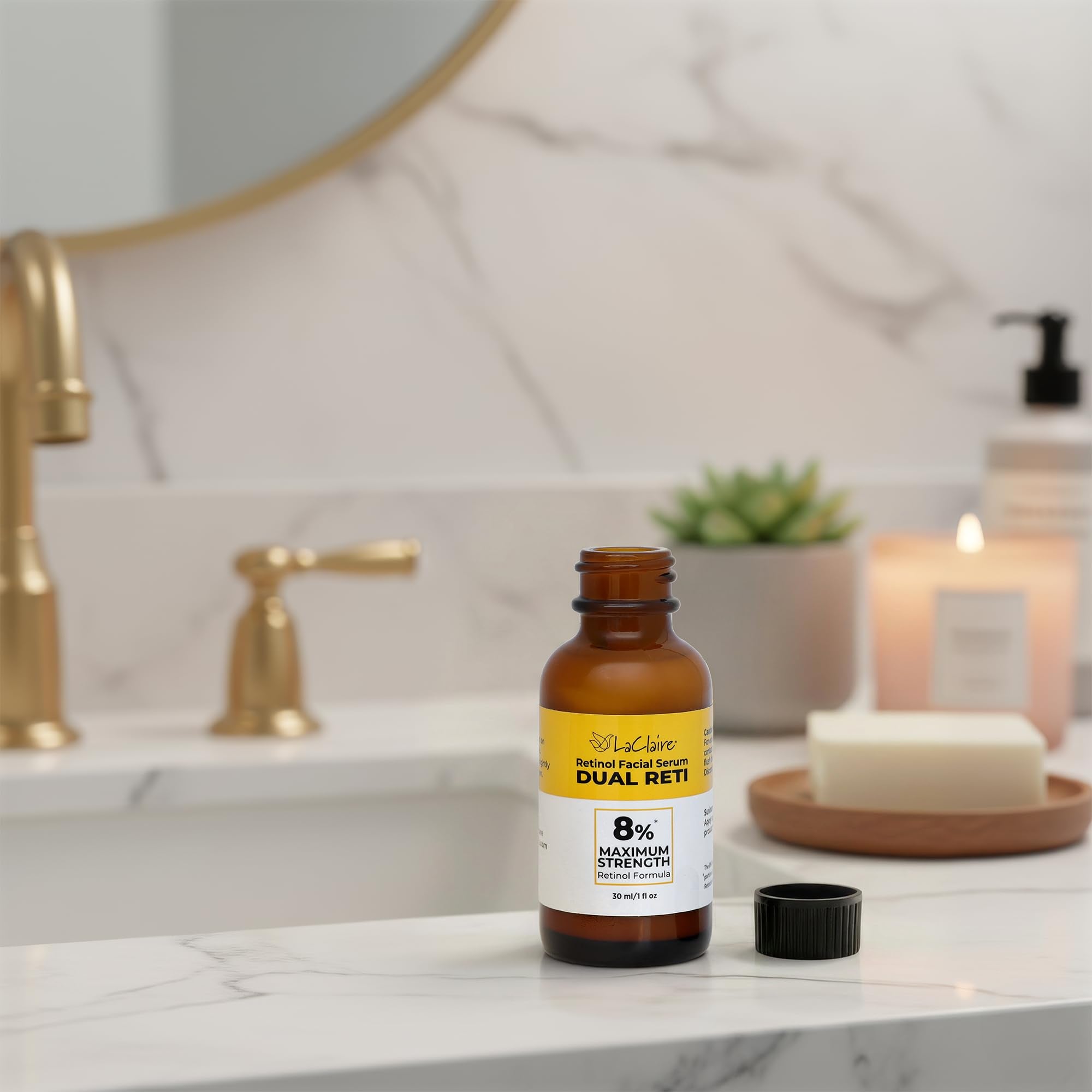 LaClaire Retinol Complex glass bottle portrays premium serum for at-home spa-like routine
