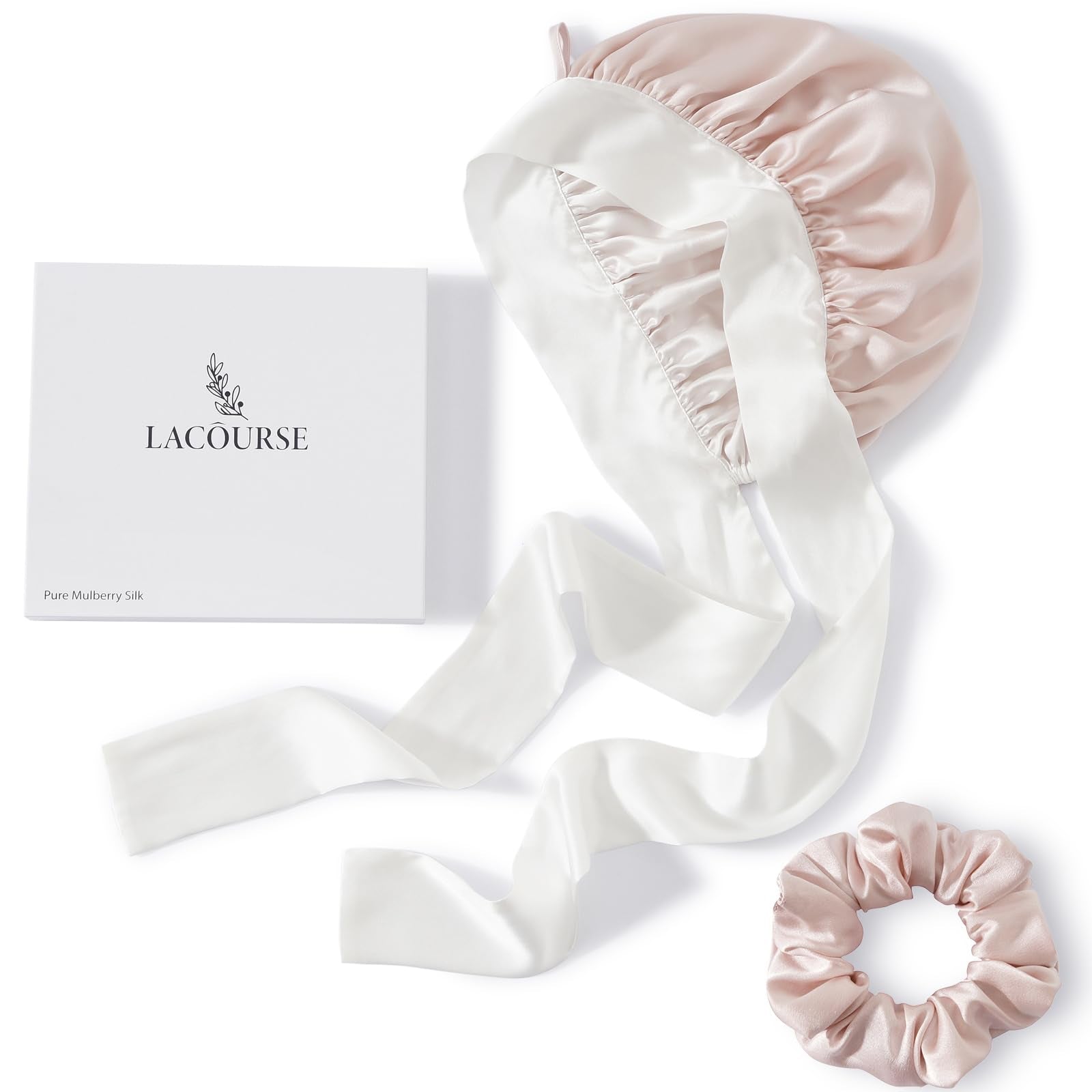 LaCourse silk bonnet inside view shows double-layer mulberry silk for gentle sleep protection