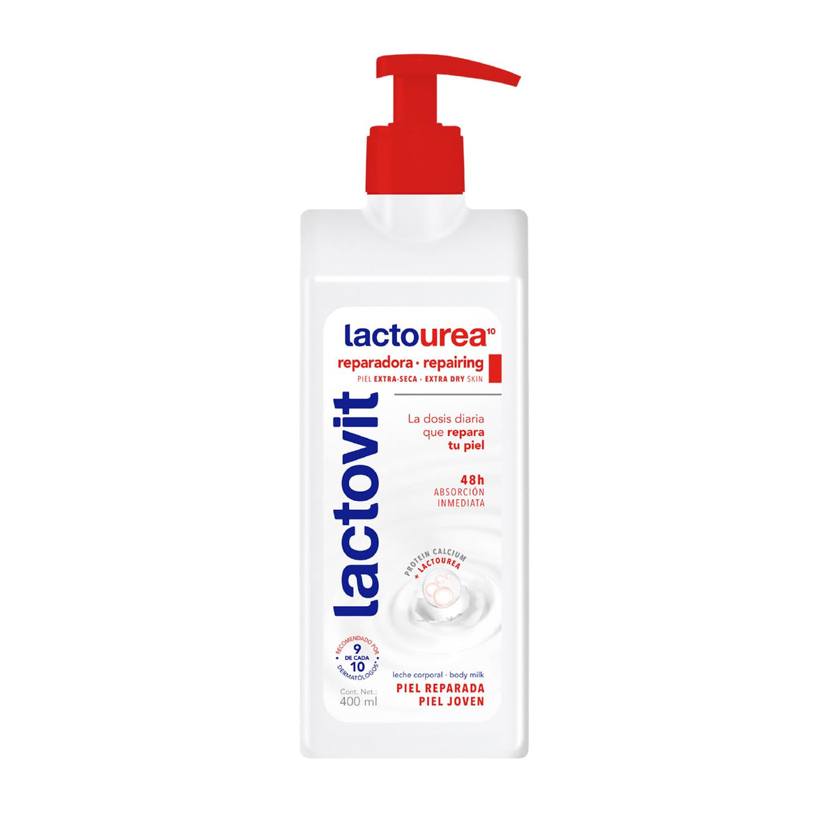 Lactovit Lactourea Body Milk 400ml bottle provides lasting moisture for dry skin.