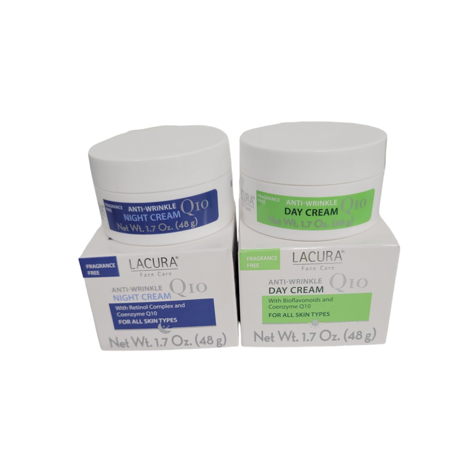 Lacura Q10 day cream bottle highlights antioxidant hydration for smoother daytime skin