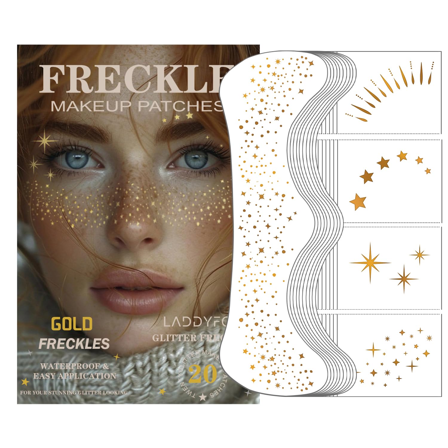 LADDYFOX gold face patches pack with glitter freckles closeup, ideal for festival sparkle.
