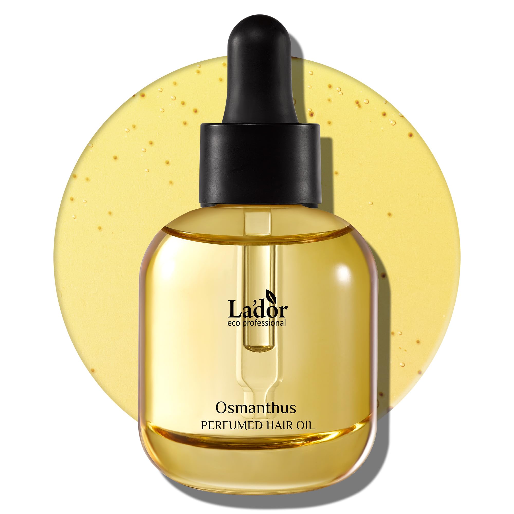 LA'DOR Hair Perfume Oil bottle on vanity for glossy styling finish
