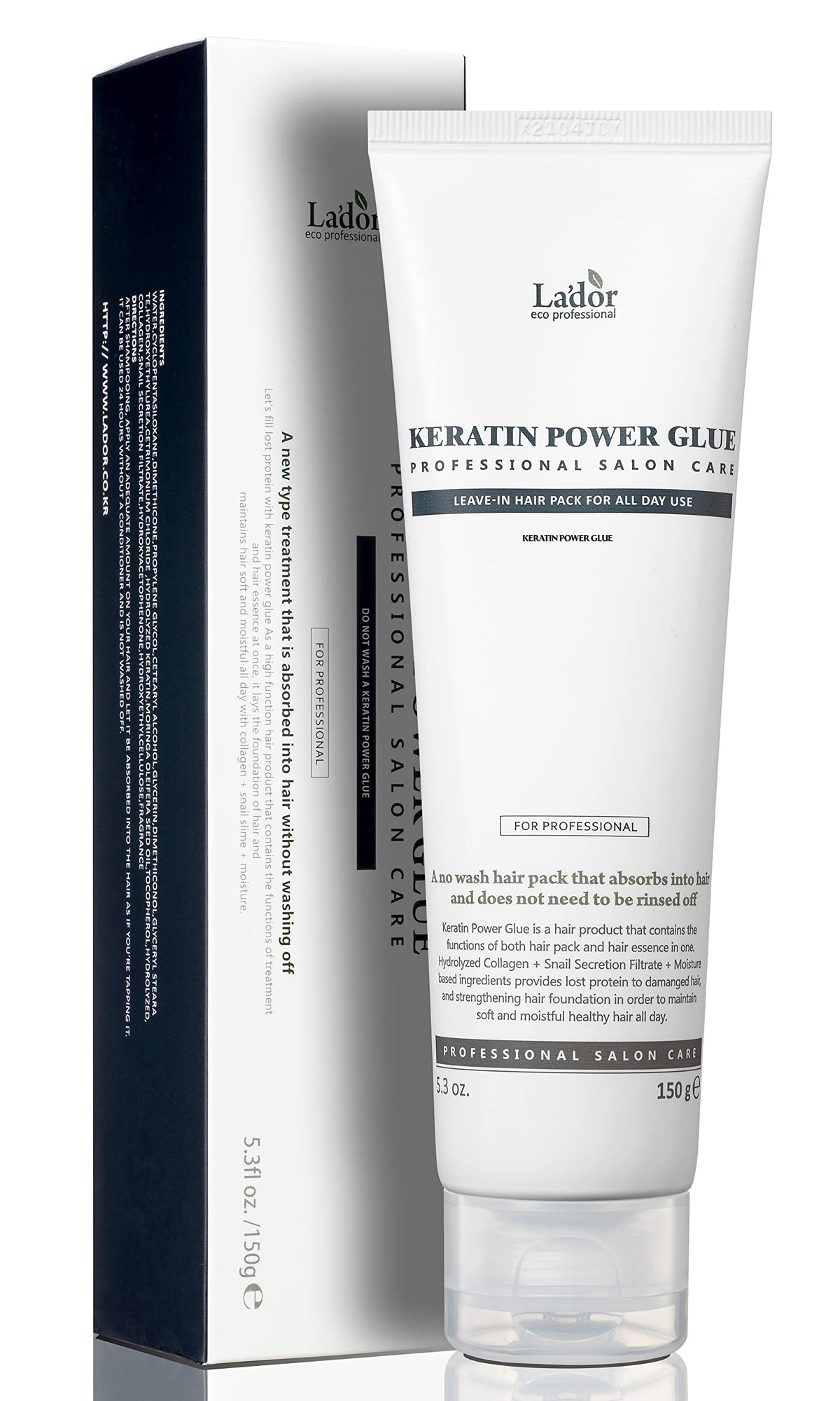 LA'DOR Keratin Power Glue bottle shows leave-in treatment for glossy, protected hair.
