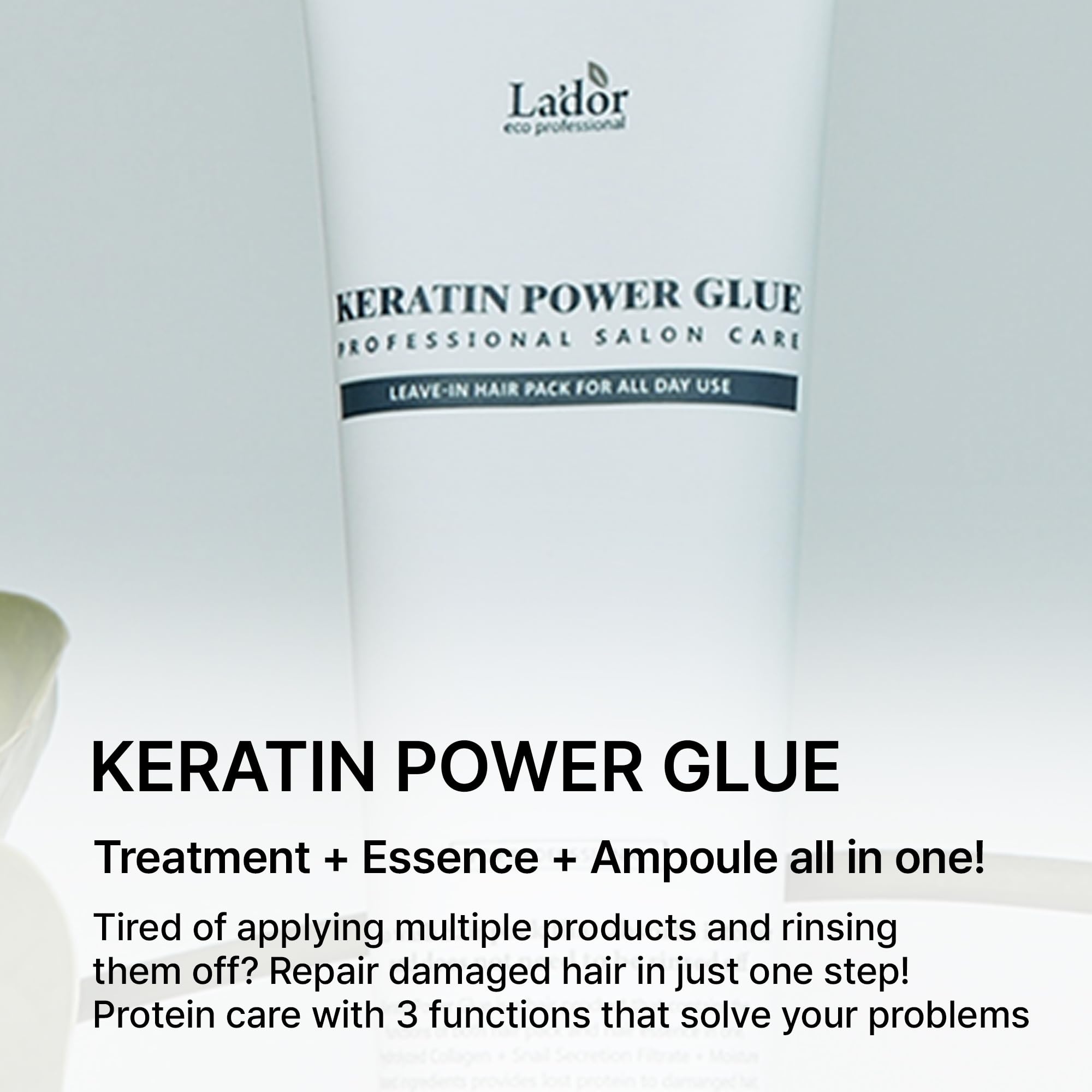 LA'DOR Keratin Power Glue close-up of hydrolyzed keratin and snail filtrate for nourishing care.