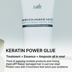 LA'DOR Keratin Power Glue close-up of hydrolyzed keratin and snail filtrate for nourishing care.