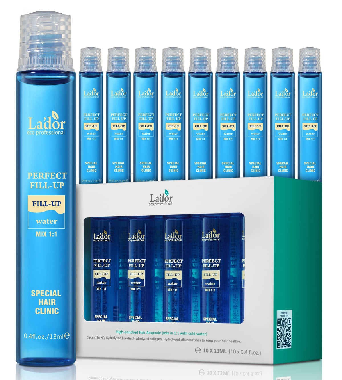 LADOR Perfect Hair Fill Up bottle shows keratin treatment for damaged, frizzy hair.