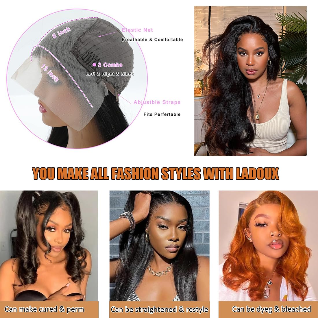 Ladoux lace-front wig with adjustable cap and 3 combs secure fit