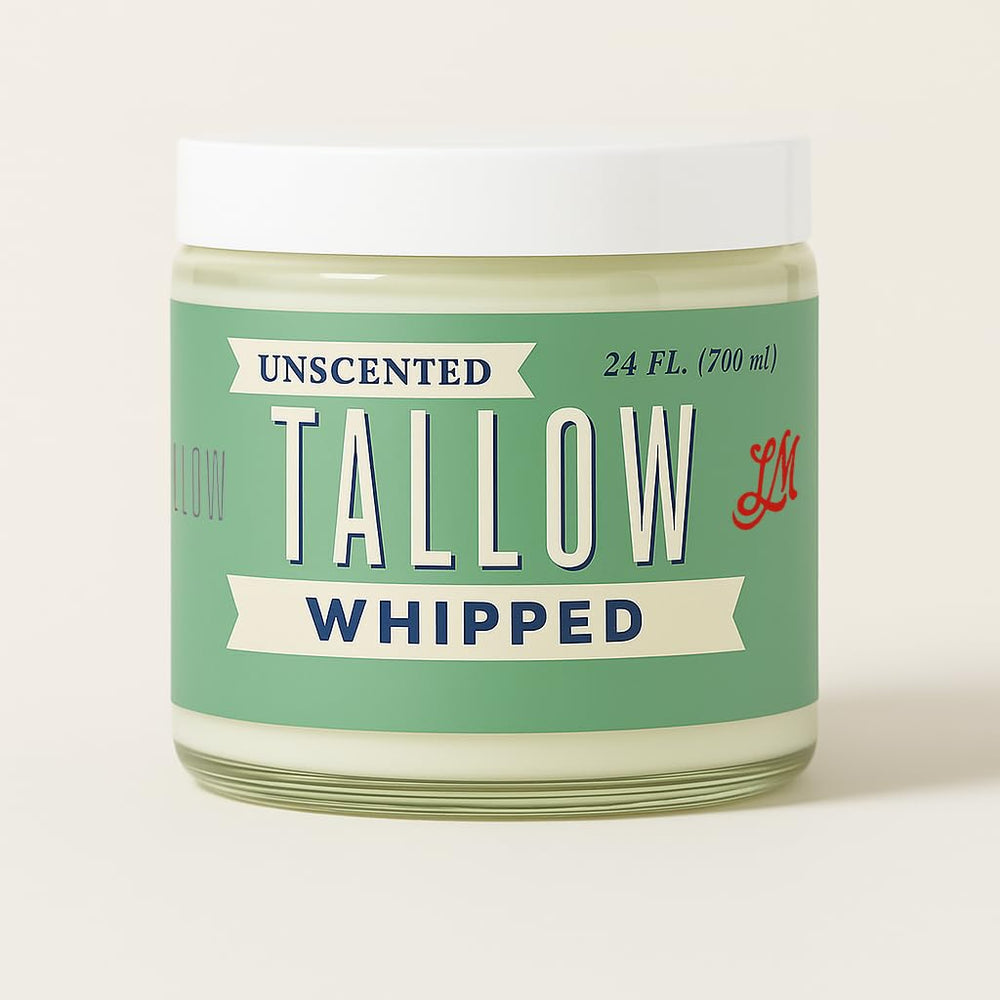 Lady May Tallow whipped tallow jar closeup shows rich hydration.