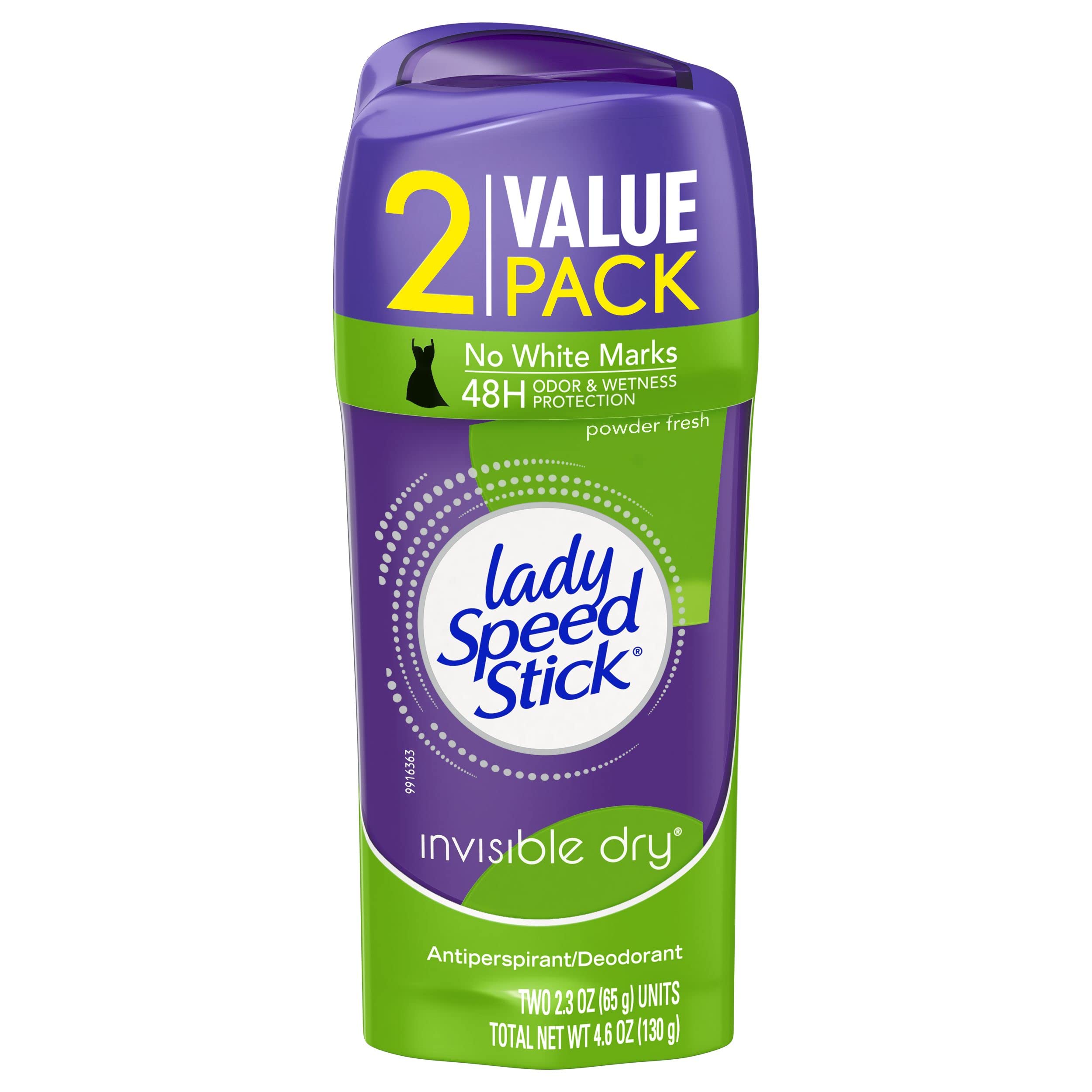 Lady Speed Stick twin-pack box front delivering all-day freshness with invisible dry.