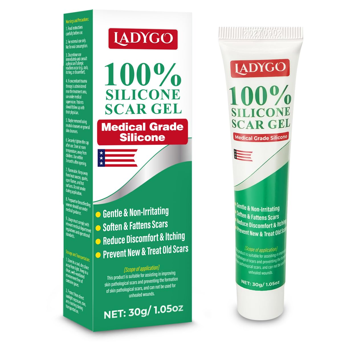 Ladygo Advance Silicone Scar Gel packaging close-up showing convenient scar care