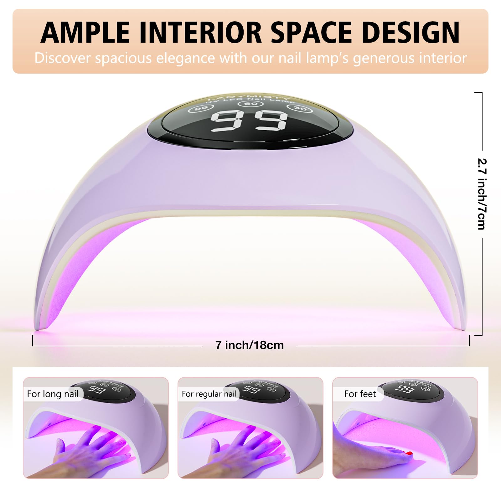 LadyMisty UV LED lamp curing all gels, front angle highlight base to top.