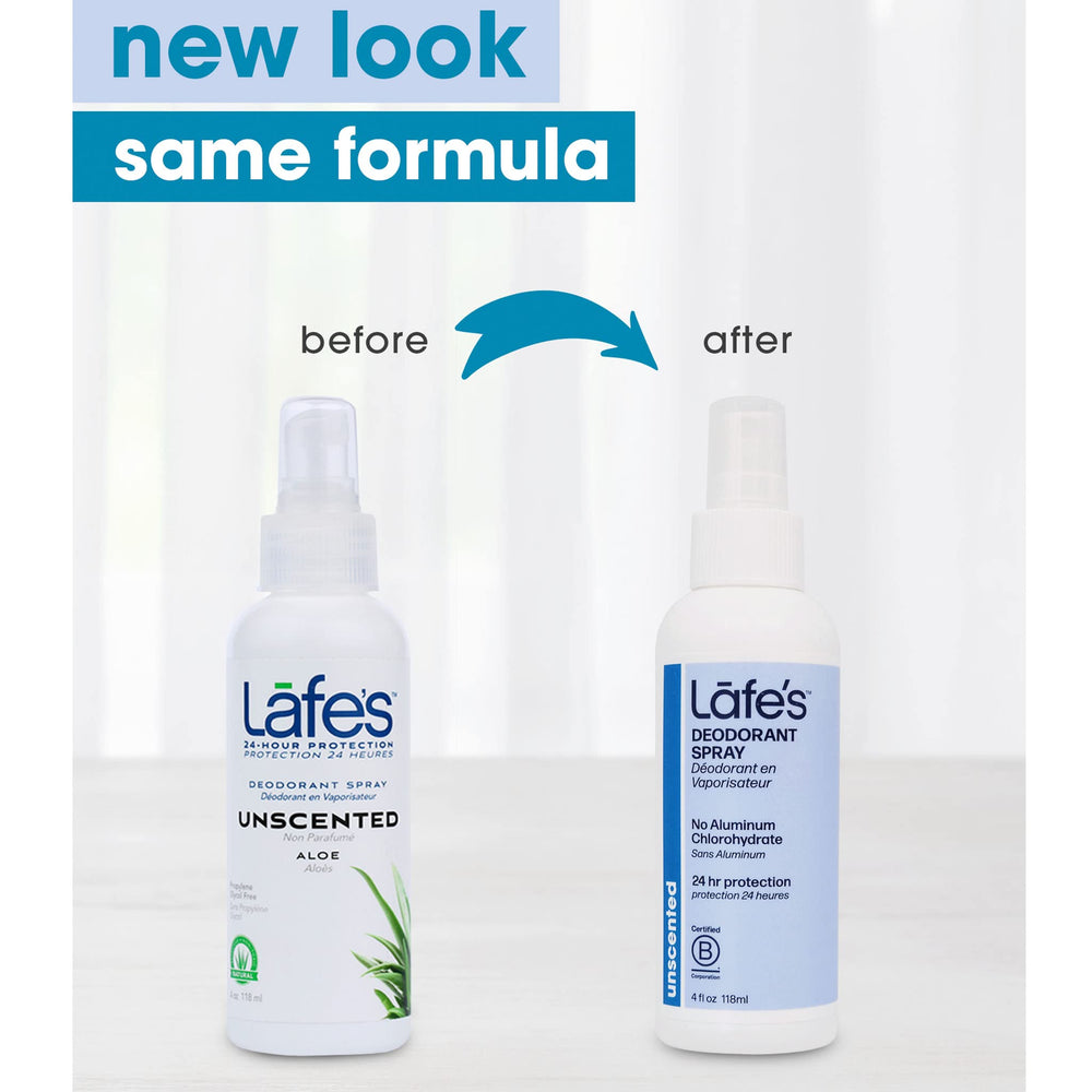 Lafe's aluminum-free deodorant spray bottle shows aloe vera soothing for sensitive skin.