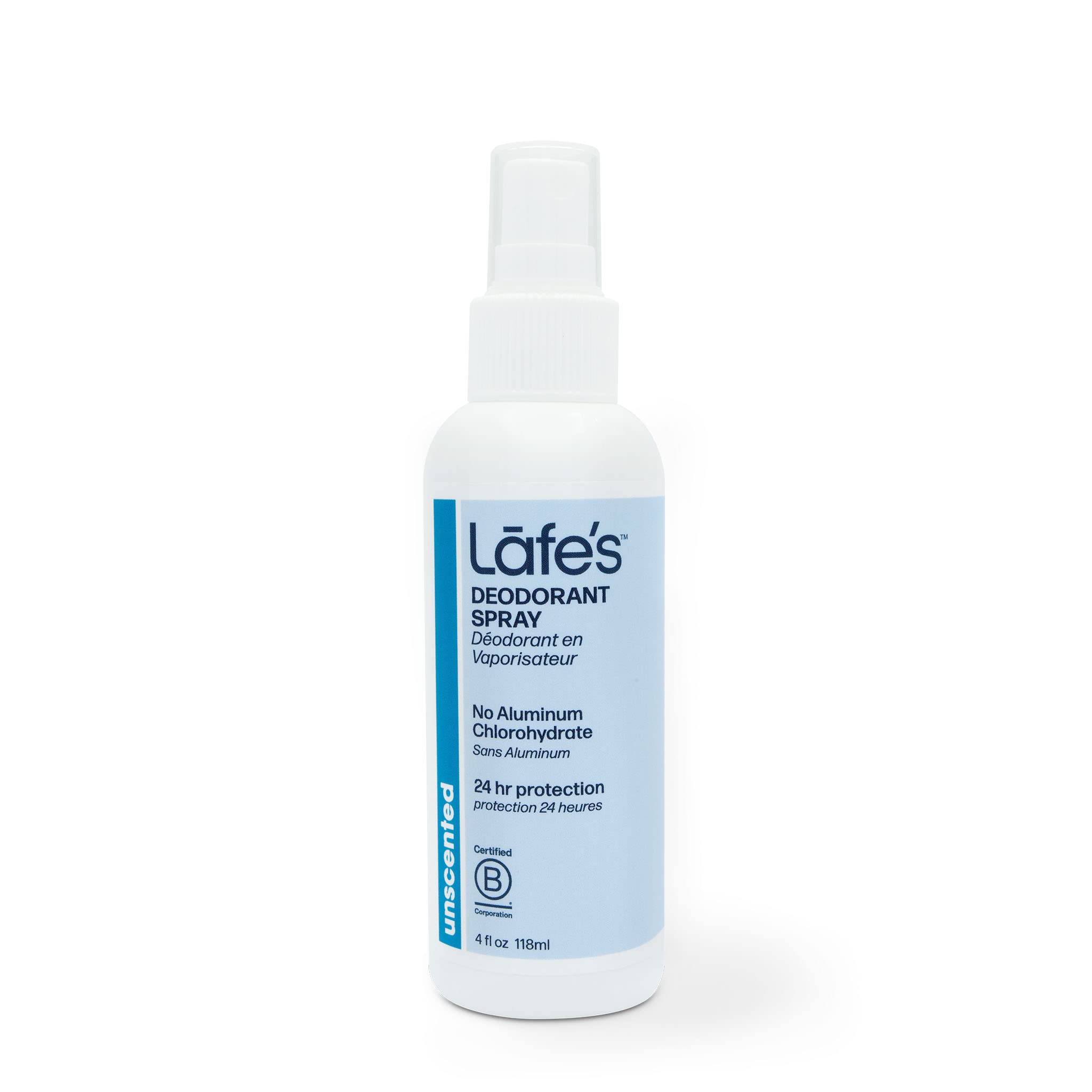 Lafe's unscented deodorant spray bottle offers 24-hour protection for all-day freshness.