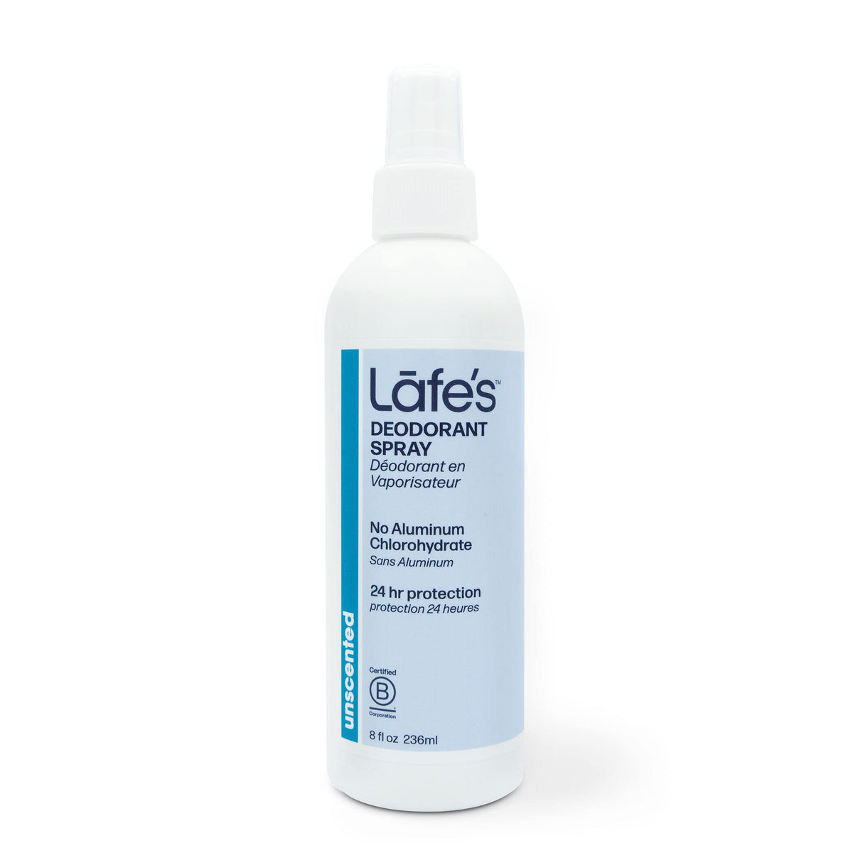 Lafe's Unscented Deodorant Spray offers aluminum-free freshness for daily wear.