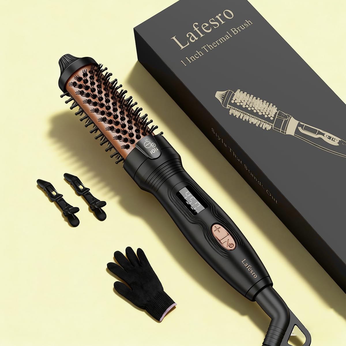 Lafesro tiny brush in use with quick on-the-go curl or smooth blowout.