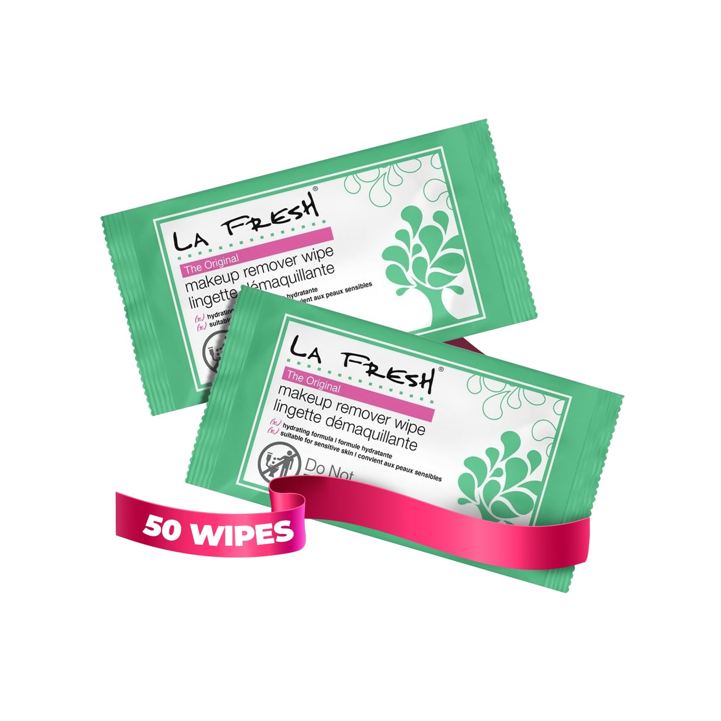 LA Fresh makeup remover wipes 50-count pack shown for travel convenience and cleansing.