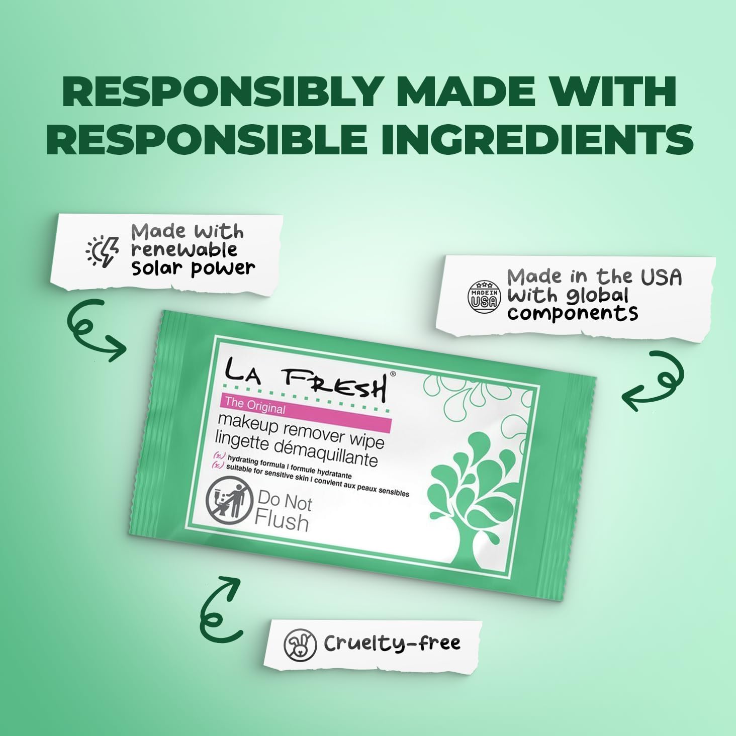 LA Fresh makeup remover wipes brand mission highlighted toward environmentally responsible skincare.