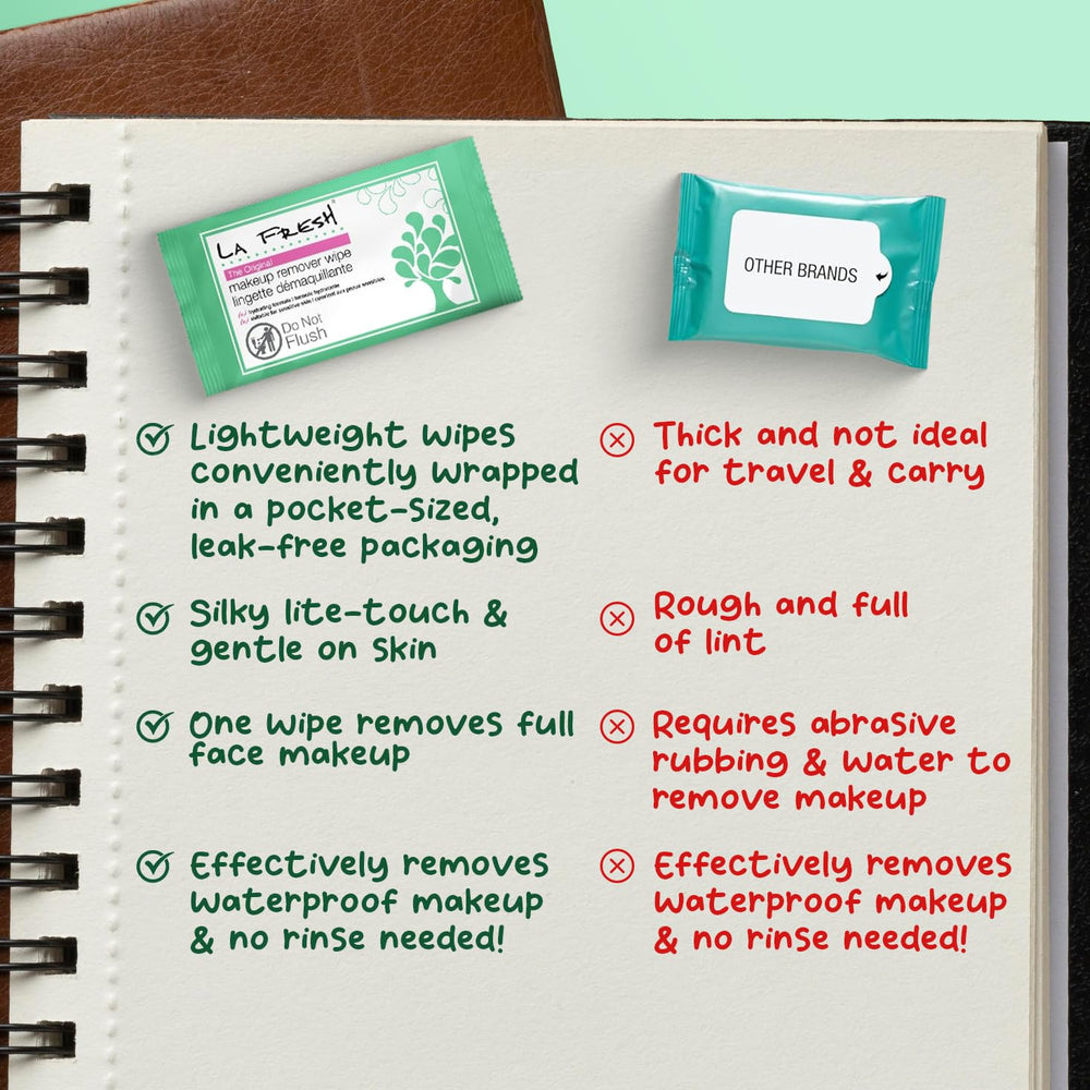 LA Fresh makeup remover wipes silky lite-touch formula shown for smooth skin after cleansing.