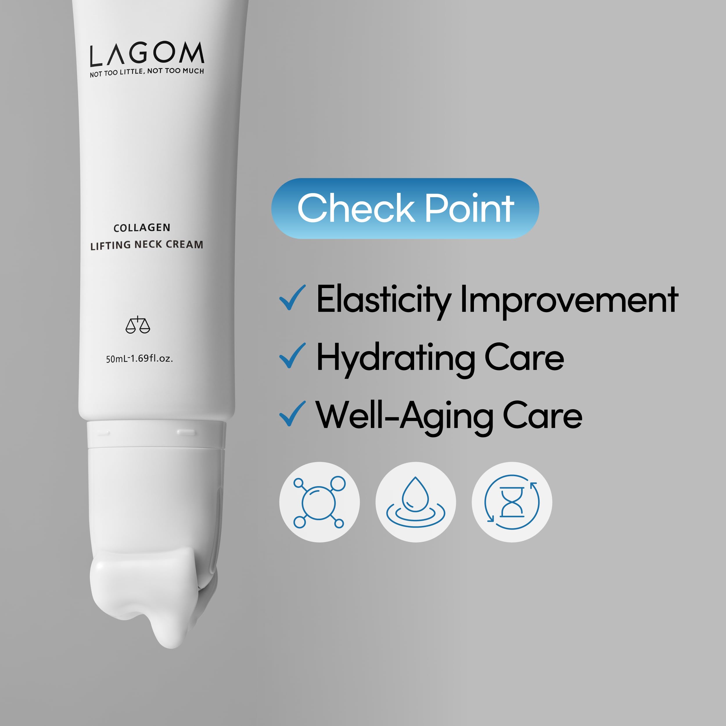 LAGOM neck cream roller application close-up shows gentle rolling for neck care.