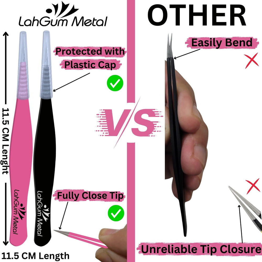LahGum Metal ergonomic grip tweezers close-up showing comfortable non-slip handle