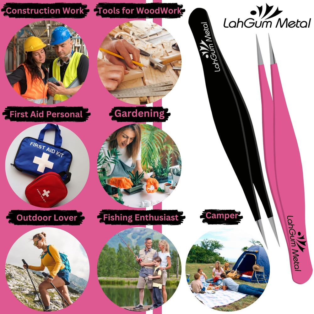 LahGum Metal stylish black-pink coating tweezers with rust-resistant finish