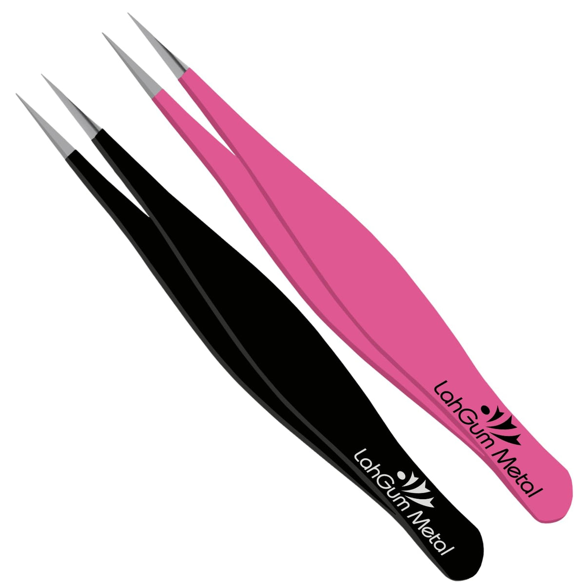 LahGum Metal ultra-fine needle-point tweezers in black and pink for precise hair and splinter removal