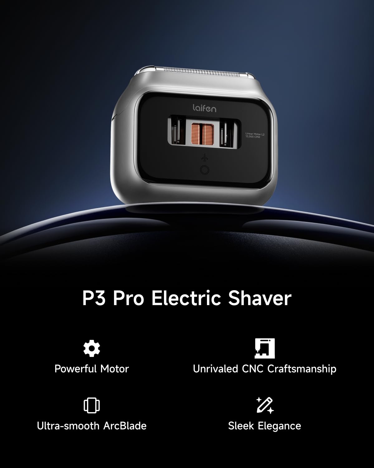 Laifen P3 Pro motor window display shows dual linear motors in action for precision shave.