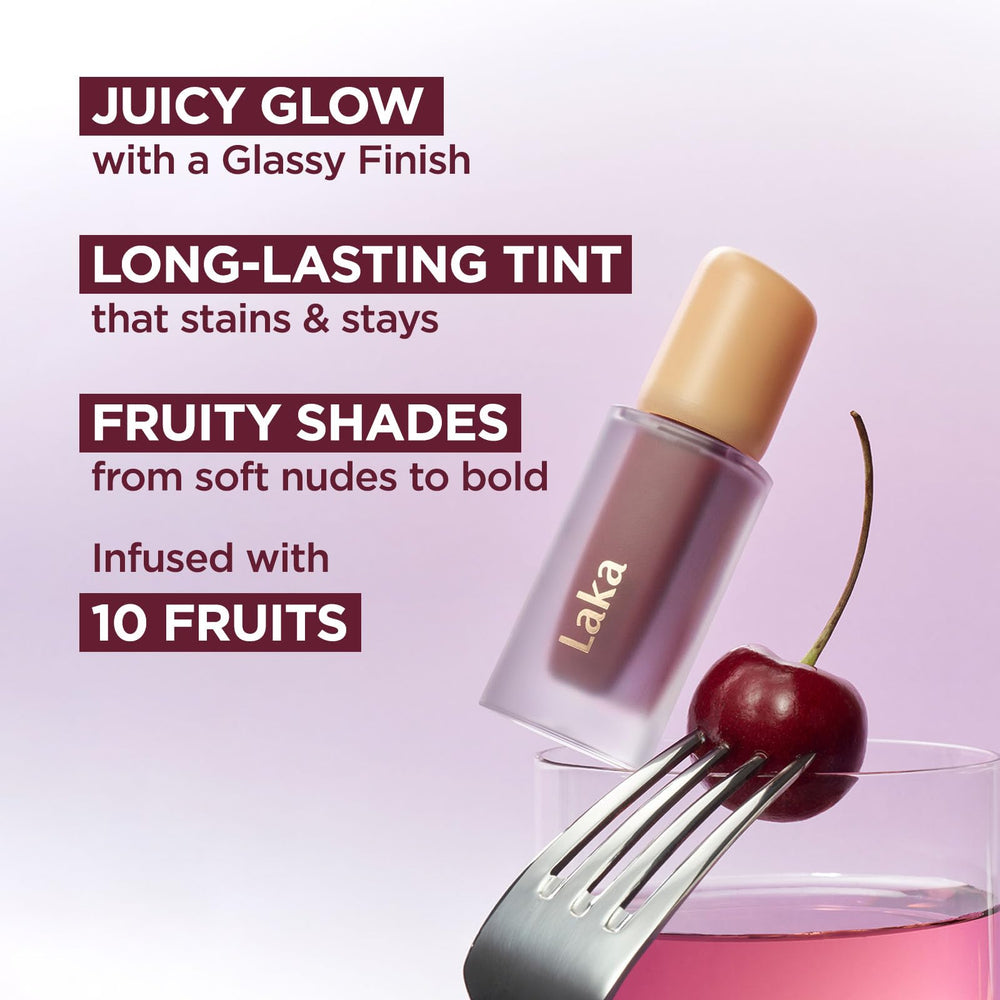 Laka Fruity Glam Tint delivers a gloss-like glassy finish with radiant lips.