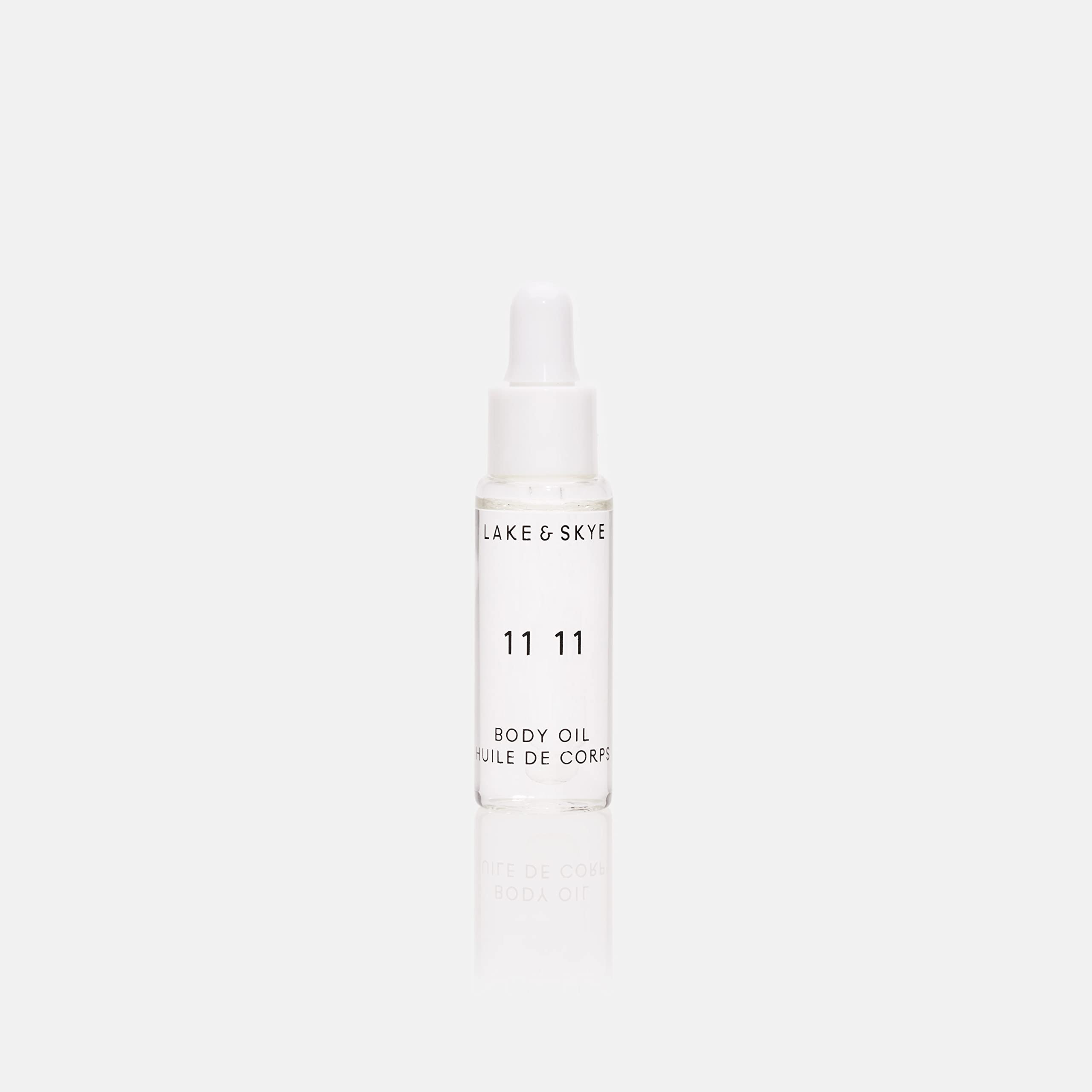 Lake & Skye 11 11 body oil mini label design emphasizes vegan, cruelty-free credentials for mindful shoppers.