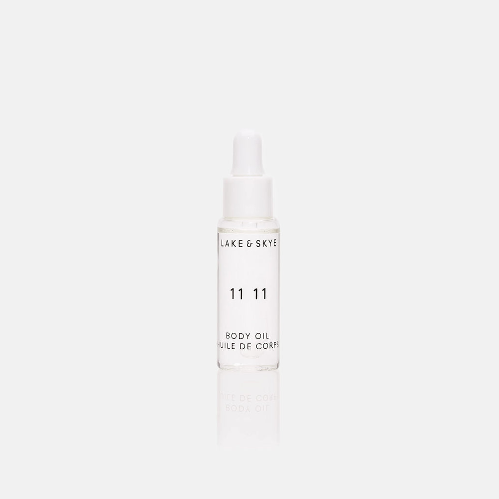 Lake & Skye 11 11 body oil mini label design emphasizes vegan, cruelty-free credentials for mindful shoppers.